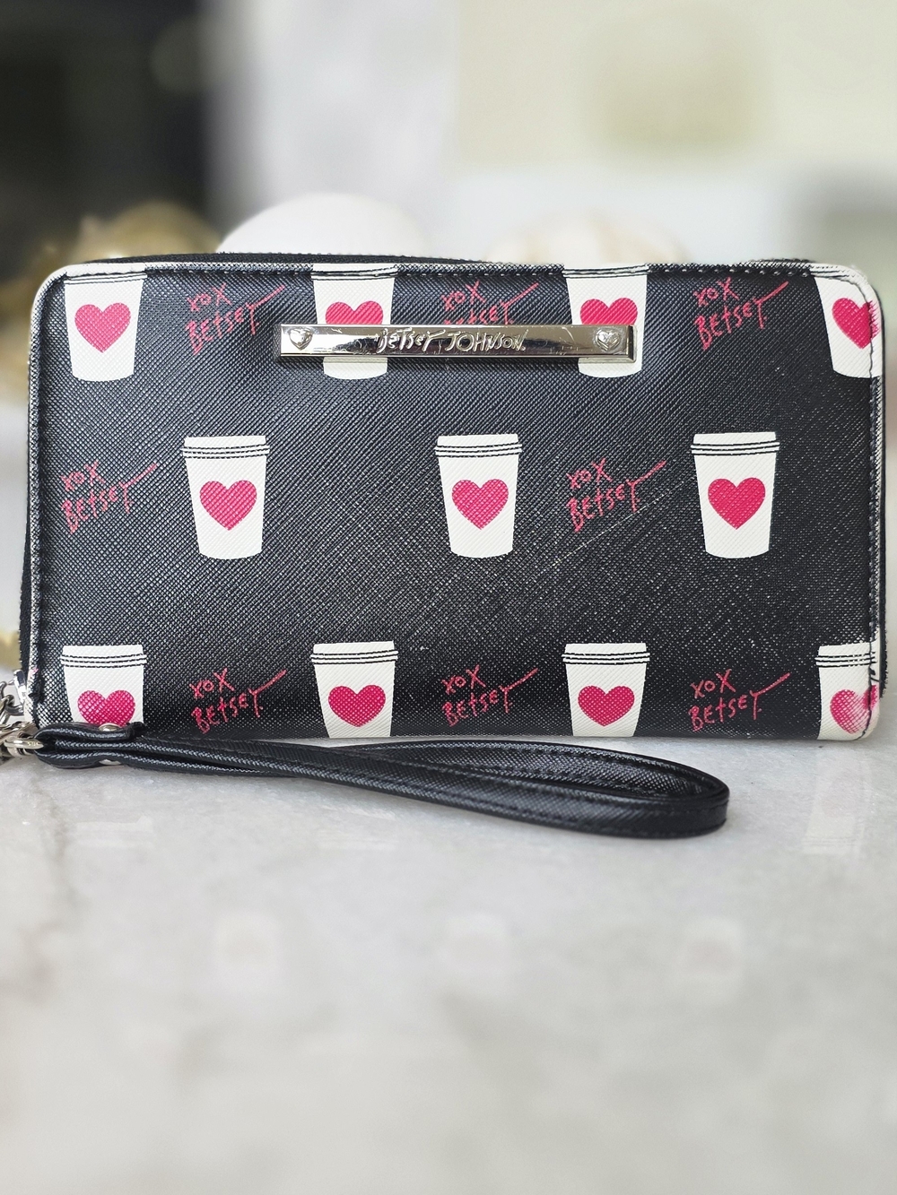 Betsey Johnson Black Wristlet Wallet with White Coffee Cup & Pink Heart Print